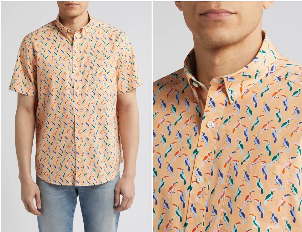 Johnston & Murphy Toucan Print Short Sleeve Cotton Button-Down Shirt M